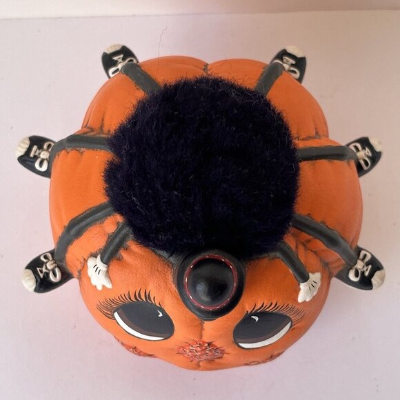 Vintage 80s Kitsche Spider on Hand Painted Halloween Jack O Lantern Pumpkin 1988 - Picture 6 of 9